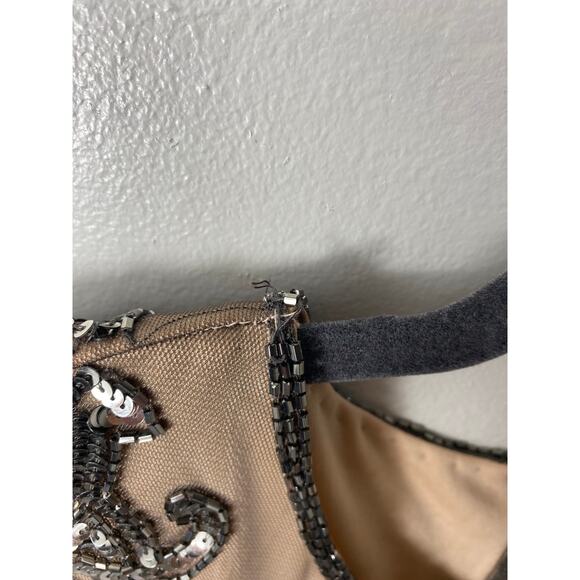 ADRIANNA PAPELL DRESS 2 SEQUIN BEADED MESH SHEER TAN NUDE SILVER MINI COCKTAIL - Picture 16 of 16